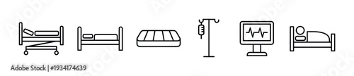 Hospital beds and medical equipment line art icons depicting various elements of patient care and healthcare facilities.