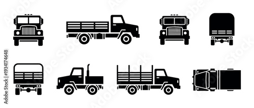 Comprehensive set of commercial trucks and transport vehicles is presented as simple black silhouette icons.
