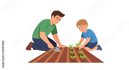 An illustration of a man and a boy planting seedlings in a garden bed with brown soil against a white background.
