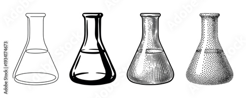 Four different Erlenmeyer flasks are presented in distinct hand-drawn illustration styles, perfect for scientific and educational designs.