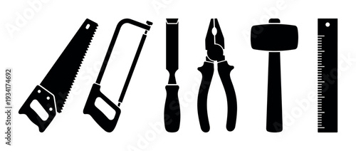 Collection of various hand tools including saws, chisel, pliers, mallet, and ruler for construction and repair work.