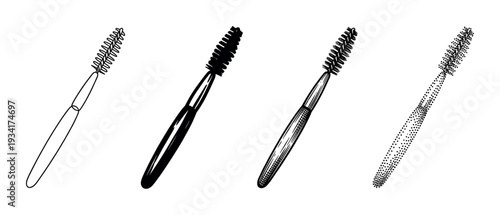 Various mascara wands and brushes for beauty and cosmetic applications in different artistic styles.