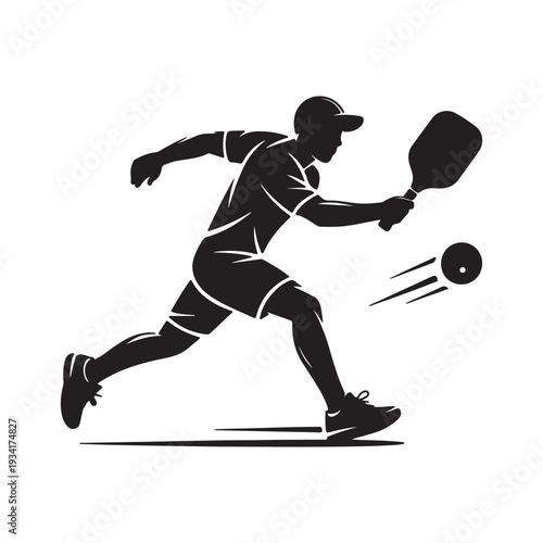 Pickleball Player Hitting Forehand Shot Silhouette – Black and White Sports Vector