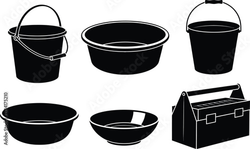 a collection of black and white vector illustrations depicting various household containers and a toolbox presented on a white background