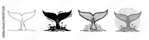 Collection of four stylized whale tails emerging from the ocean in various artistic illustration styles.