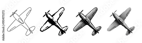 Four vintage propeller airplanes are depicted in various artistic styles, showcasing different rendering techniques.