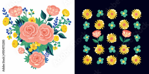 Floral arrangement featuring roses wildflowers and a repeating pattern