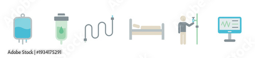 Medical icons hospital equipment healthcare elements set illustrating various aspects of patient care and treatment in a clinic.