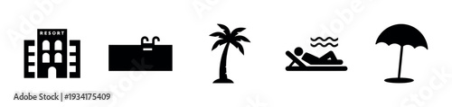 Resort vacation travel icons set collection of essential black silhouette symbols for tourism and leisure activities.