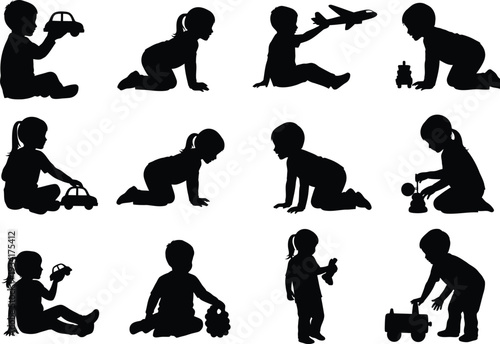 a collection of black silhouette images depicting children engaged in various playful activities including crawling sitting and playing with toys