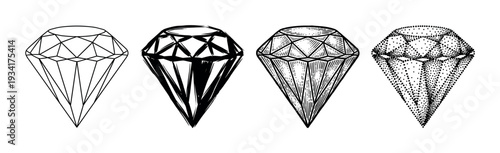 Four different artistic styles of a sparkling diamond gemstone are presented in a unique collection.
