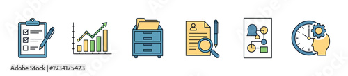 Business management and data analysis icons representing planning, growth, organization, human resources, and time efficiency.