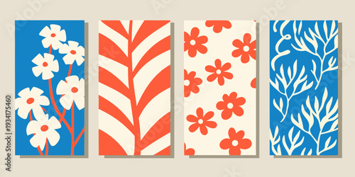 Four vertical panels featuring abstract botanical and geometric designs