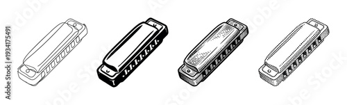 Harmonica musical instrument illustrations showcasing different artistic techniques for a vintage or modern feel.