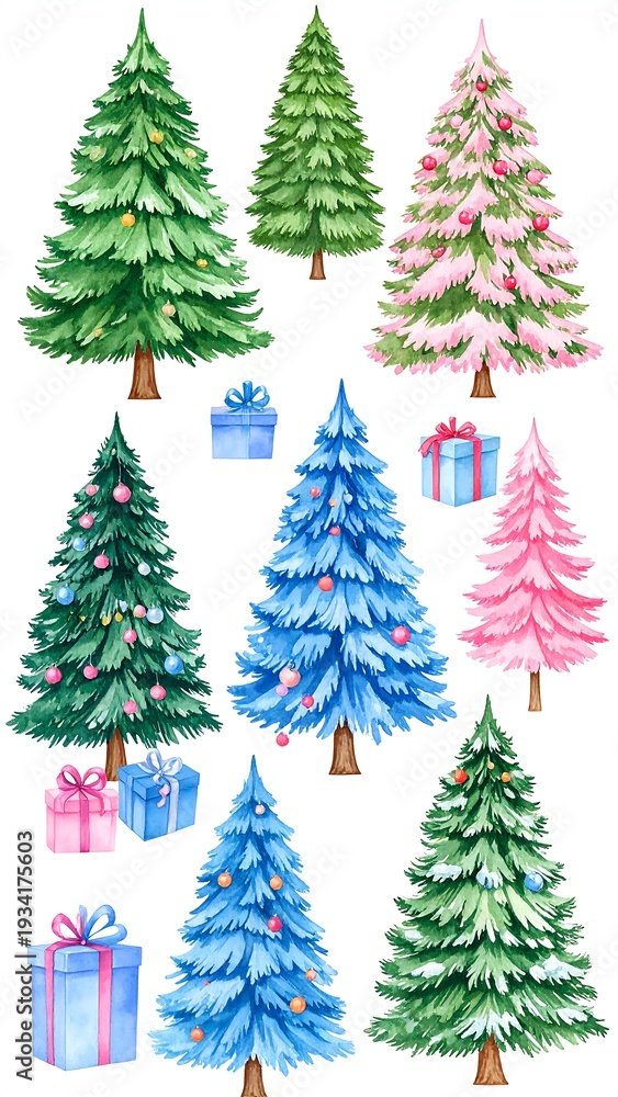 Fototapeta premium Watercolor assortment of decorated trees and gift-wrapped presents