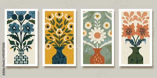 Four botanical illustrations of wildflowers in vases vintage style