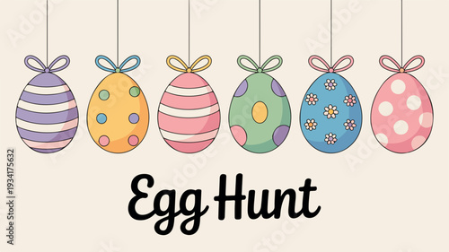 Colorful easter eggs hanging with ribbons on a cream background for egg hunt