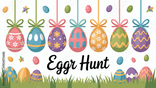 Colorful easter eggs hanging from ribbons with 'egg hunt' text on grassy background with hidden eggs
