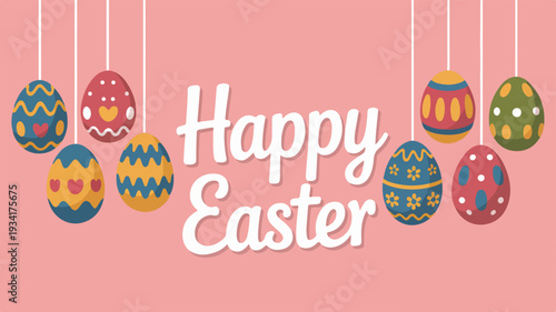 Colorful easter eggs hanging from strings with happy easter text on soft pink background festive decoration vibrant celebration spring holiday illustration