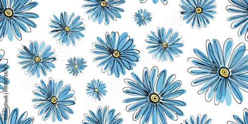A repeating pattern of hand drawn blue daisy flowers on a white background