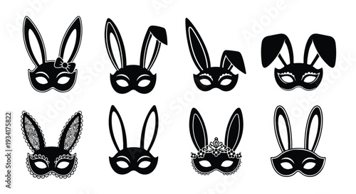 Collection of eight different black bunny masks with various designs on a plain white background.
