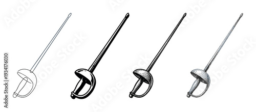 Fencing sword weapon collection featuring diverse artistic styles for competitive sport and historical themes.
