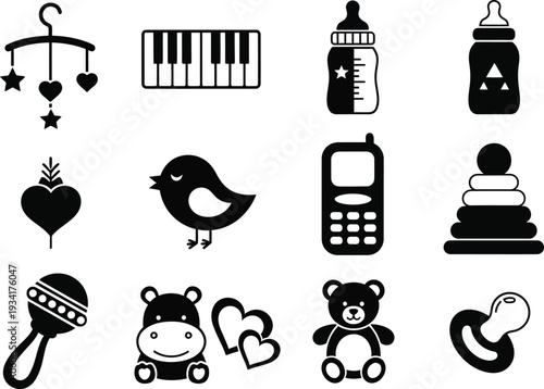 a collection of black silhouette icons depicting baby items such as toys feeding tools and nursery decorations high quality professional detailed