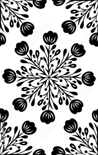 Vector seamless pattern with black silhouette of floral mandala. Monochrome folk art texture with flower wreaths