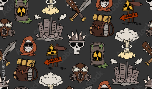 Vector post-apocalyptic doodle pattern. Radioactive fallout. Texture with a gas mask, explosion, and destroyed city on dark background.
