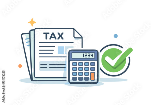 Tax calculation and approval with calculator and checkmark icon