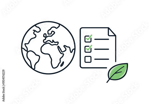 Global checklist with green leaf icon representing environmental sustainability and eco-friendly practices