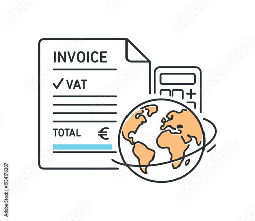 Global VAT invoice calculation with calculator and earth icon