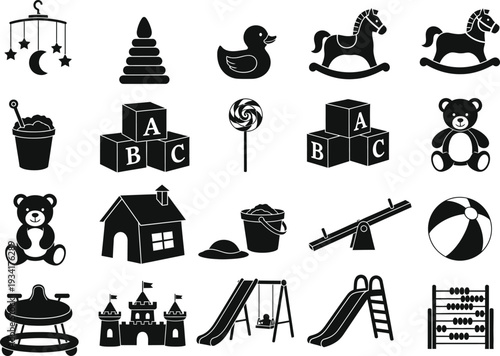 A collection of monochrome icons depicts various childhood toys including building blocks rocking horses and playful elements creating a nostalgic scene