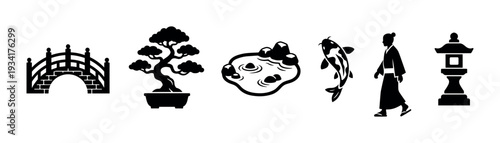 Traditional Japanese garden elements collection with bridge, bonsai, pond, koi fish, person, and stone lantern silhouettes.