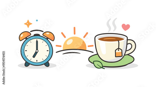 Alarm clock and steaming cup of tea with sunrise, symbolizing morning routine and relaxation