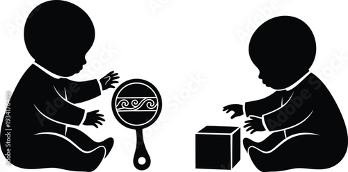 a simple black and white illustration depicts two babies sitting facing each other interacting with a rattle and a block