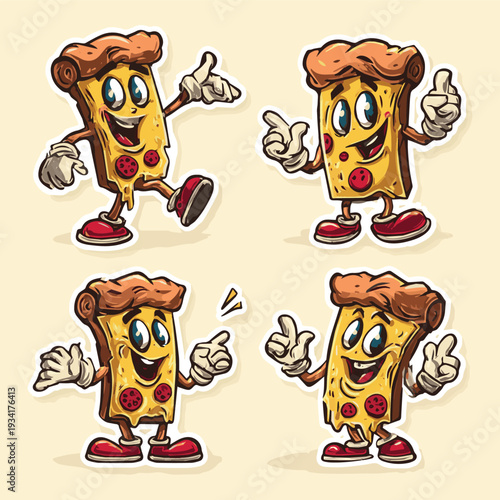 Create a different kinds of Retro cartoon pizza character pizza. Cool pizza mascot slice poses for fast food cafe pizzeria logo, groovy stickers vector set