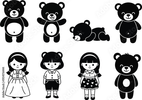 a collection of charming black and white cartoon illustrations featuring teddy bears dolls and a sleeping bear cub ideal for playful designs