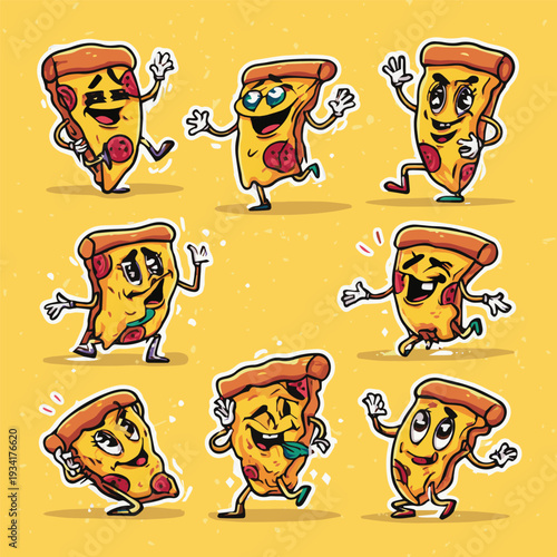 Cartoon pizza icons set.Create a different kinds of Retro cartoon pizza character pizza. Cool pizza mascot slice poses for fast food cafe pizzeria logo, groovy stickers vector set