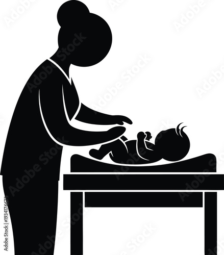 a simple black silhouette depicts a mother carefully tending to her sleeping baby on a changing table illustrating parental care