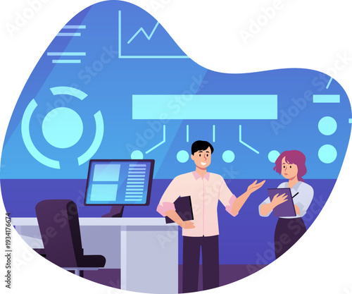 A man and woman standing near a desk in front of a data center screen.