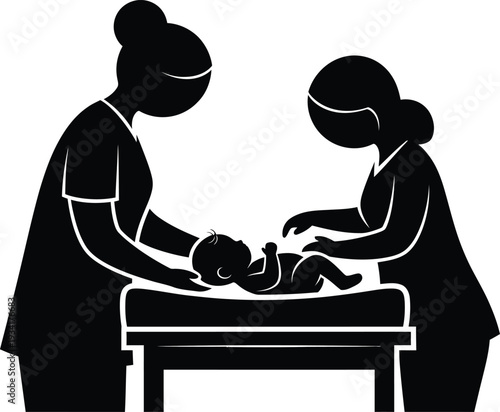 a black and white illustration depicts a healthcare professional attending to a newborn baby with a parent present high quality detailed