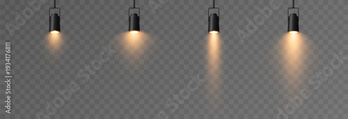 Set of realistic spotlights with yellow light PNG. Light source, stage lighting.