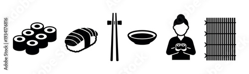 Sushi and Japanese cuisine icons representing various elements of traditional Asian food preparation and dining.