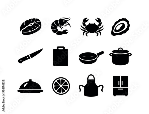 Collection of culinary icons representing seafood, kitchen tools, and appliances for cooking