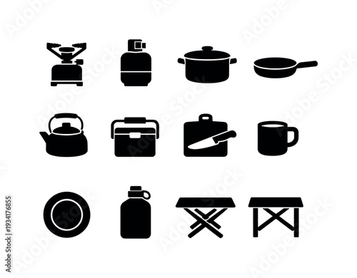 Collection of camping and outdoor cooking equipment icons in black silhouette