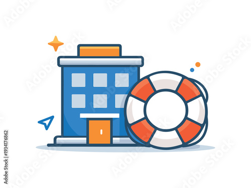 Business building with a life preserver symbolizing support and safety for companies