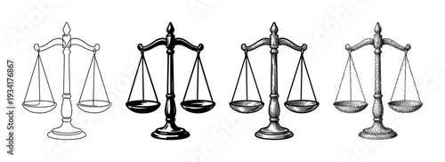 Four distinct balance scales, symbolizing justice, law, and fairness, are illustrated with varying artistic styles.