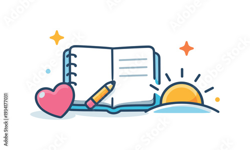 Open notebook with pencil, heart, and sunrise symbolizing new beginnings and self-care