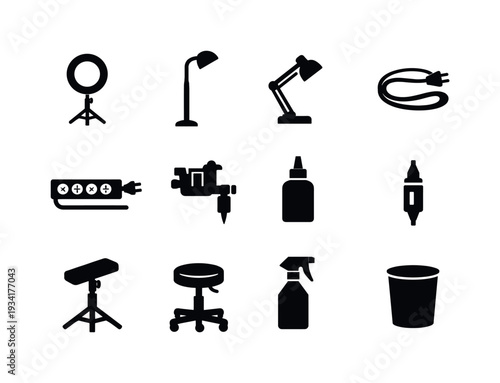 Collection of tattoo artist tools and equipment icons on a white background